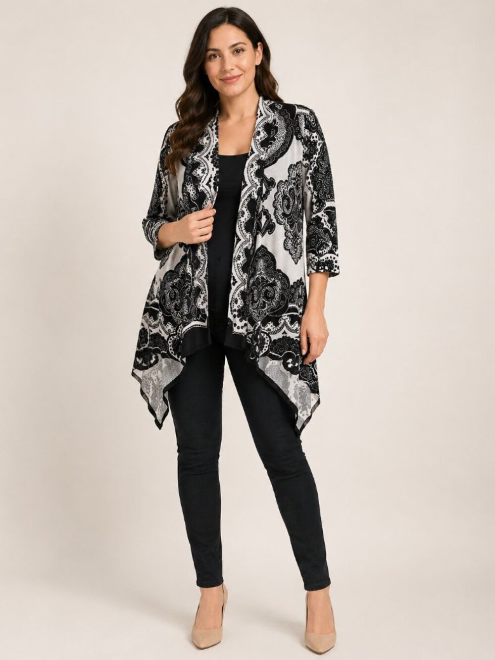 New Directions Black White Paisley Open Front Cardigan Size L 3/4 Sleeve Handker - Picture 1 of 6